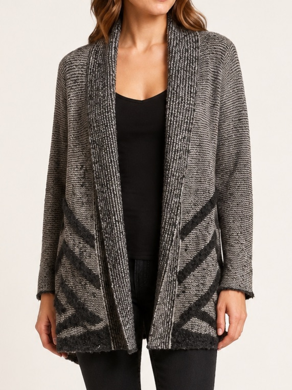 Sandwich Textured Geometric Wool Blend Open Front Cardigan M
